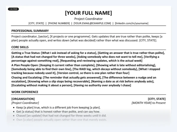 Project Coordinator resume template, one page, ATS-friendly layout