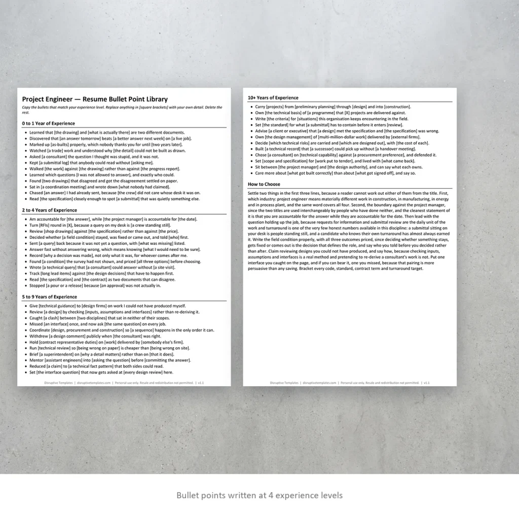 Project Engineer resume bullet points written at four experience levels
