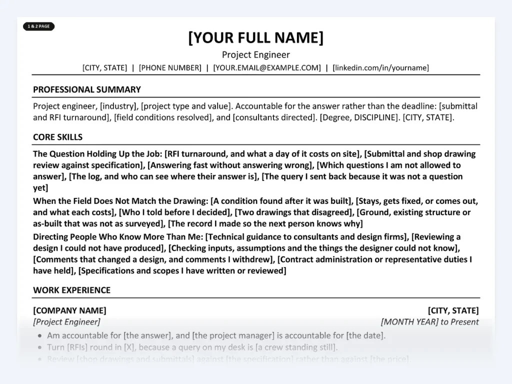 Project Engineer resume template, one page, ATS-friendly layout
