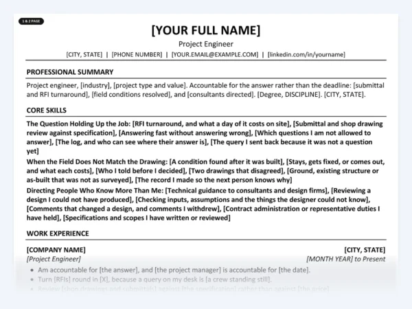 Project Engineer resume template, one page, ATS-friendly layout