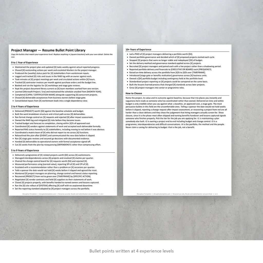 Project Manager resume bullet points written at four experience levels