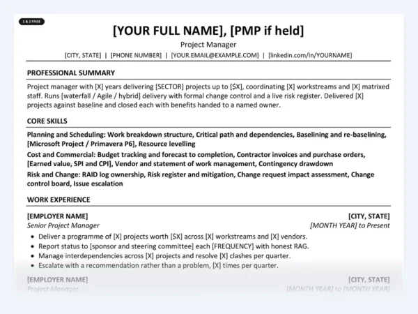 Project Manager resume template, one page, ATS-friendly layout