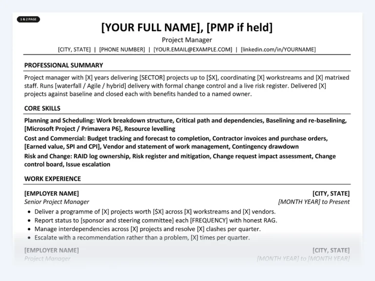One-page project manager resume template from the Disruptive Templates project manager kit