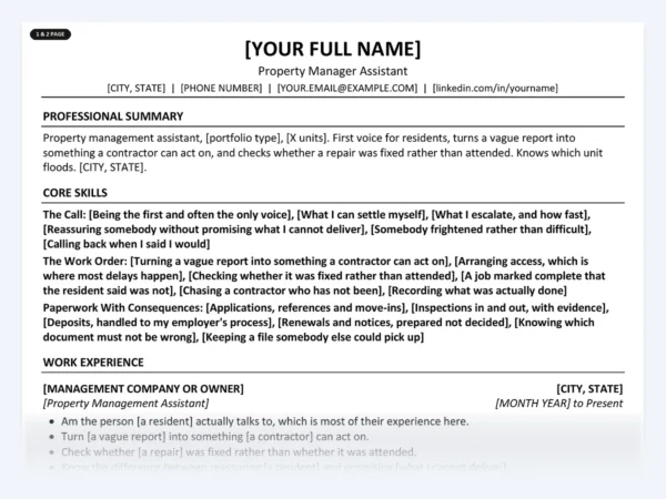 Property Manager Assistant resume template, one page, ATS-friendly layout