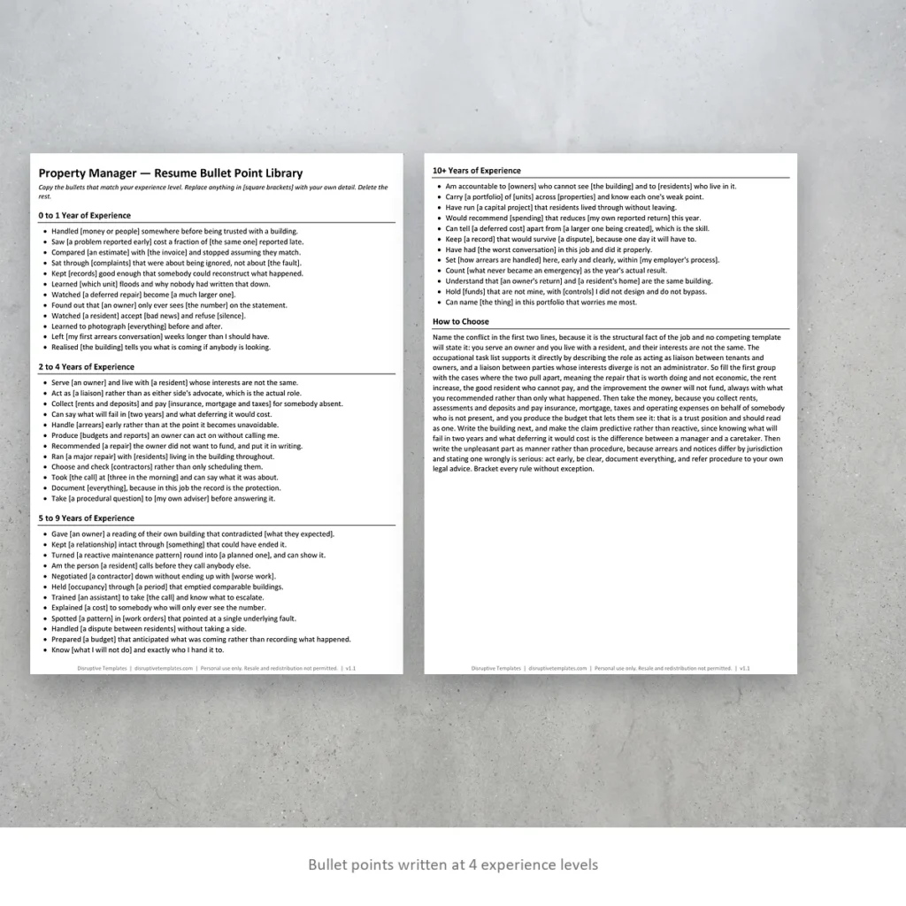 Property Manager resume bullet points written at four experience levels