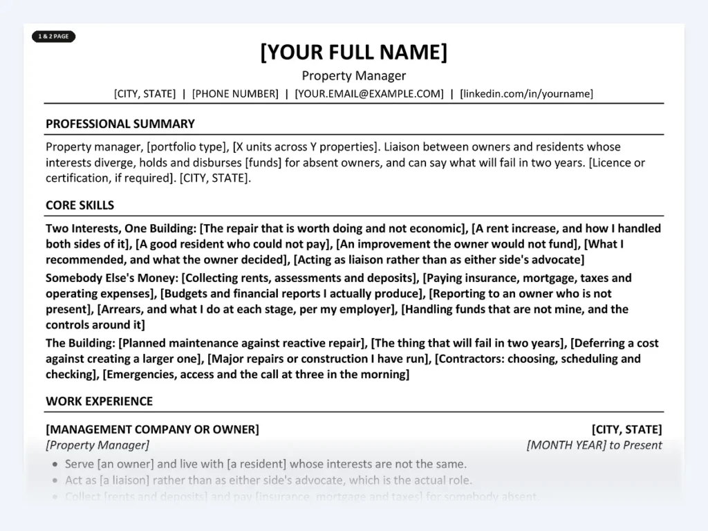 Property Manager resume template, one page, ATS-friendly layout