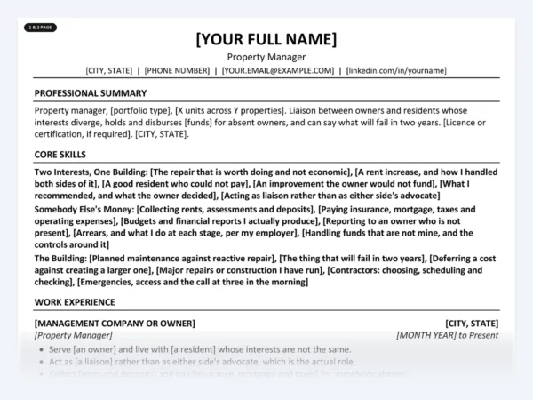 Property Manager resume template, one page, ATS-friendly layout