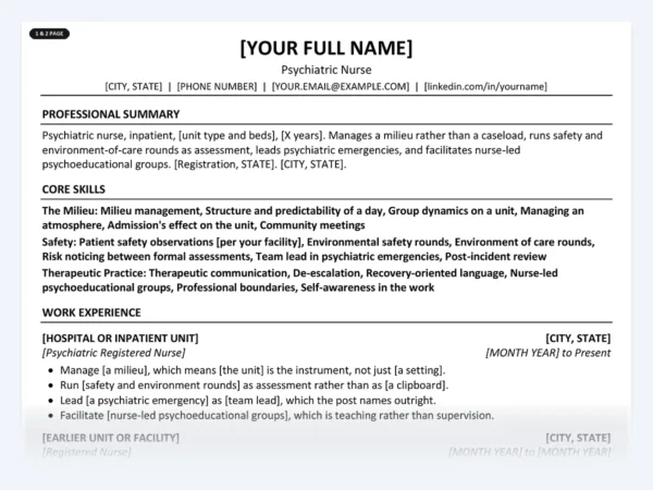 Psychiatric Nurse resume template, one page, ATS-friendly layout