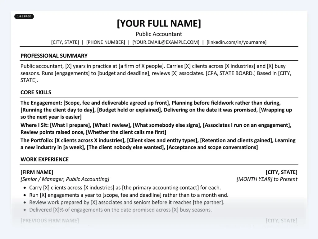 Public Accountant resume template, one page, ATS-friendly layout