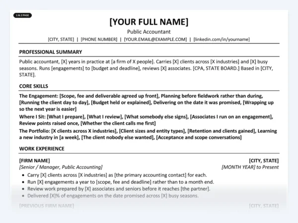 Public Accountant resume template, one page, ATS-friendly layout
