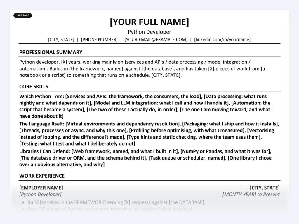Python Developer resume template, one page, ATS-friendly layout