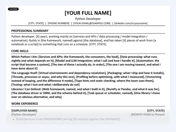 Python Developer resume template, one page, ATS-friendly layout