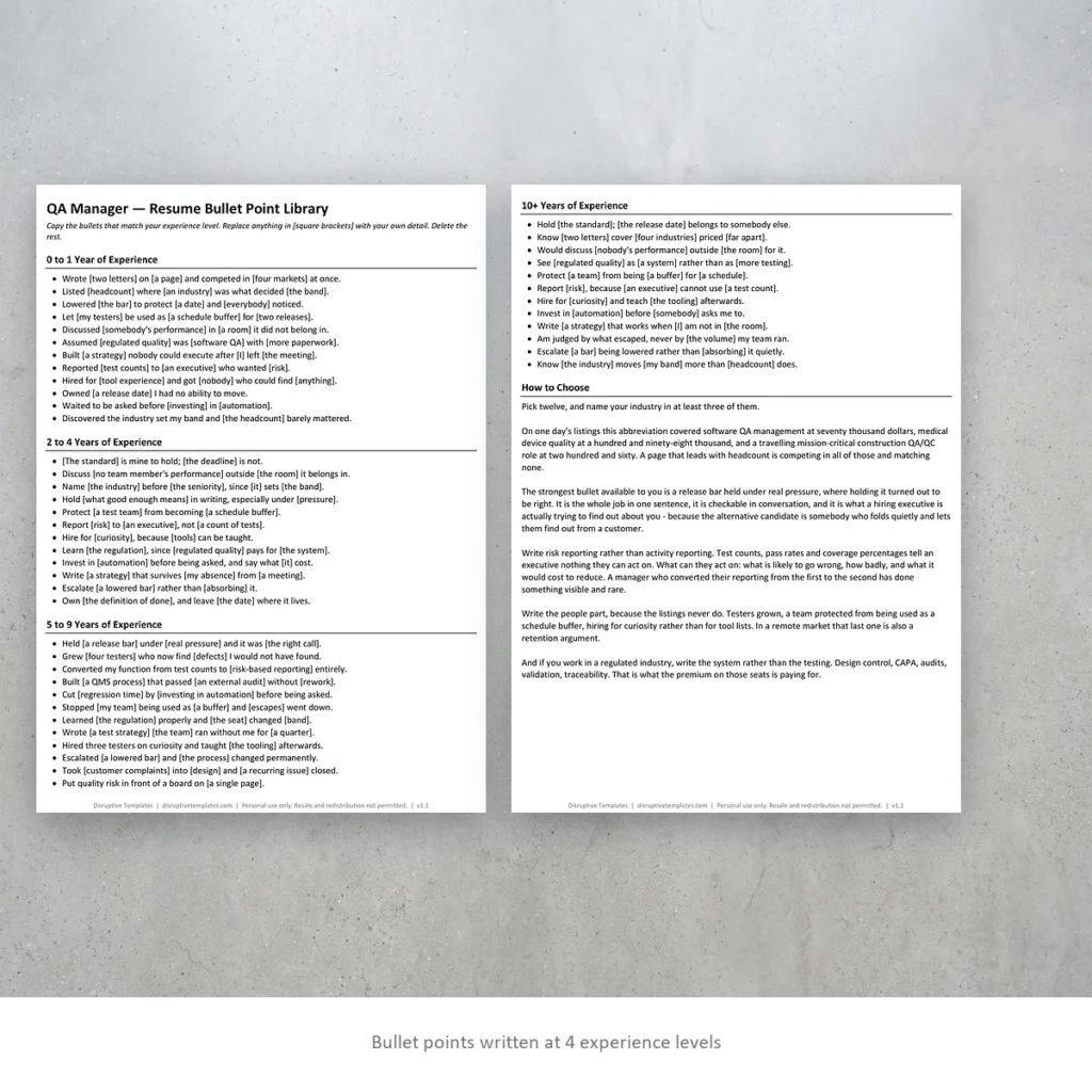 QA Manager resume bullet points written at four experience levels