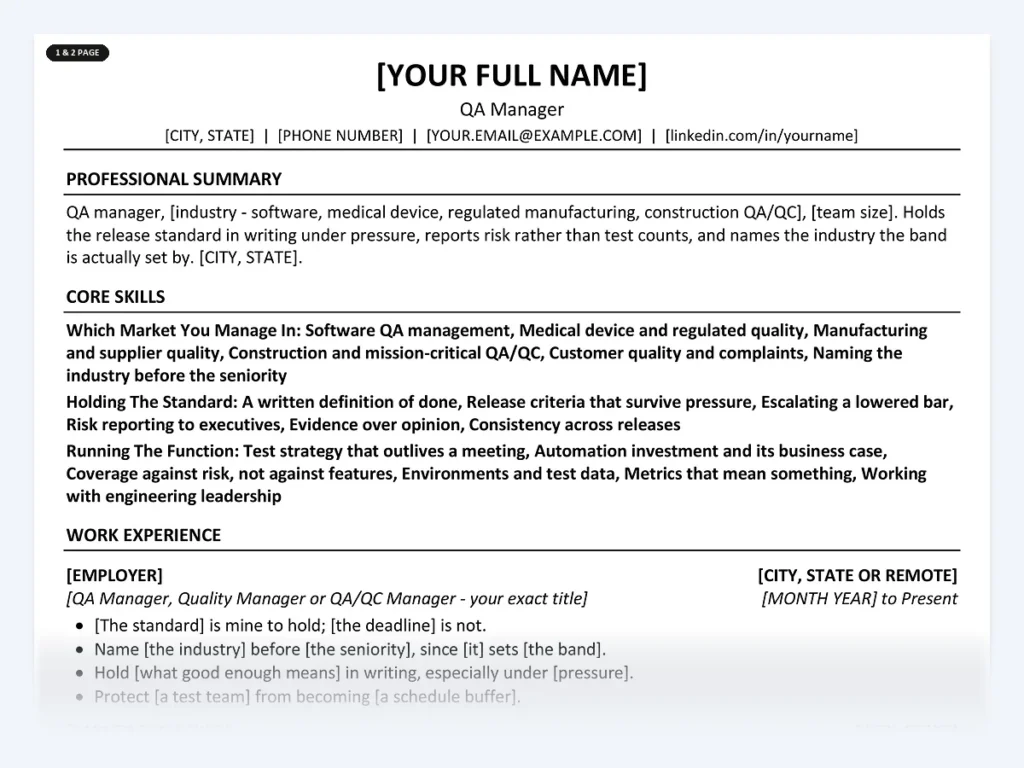QA Manager resume template, one page, ATS-friendly layout