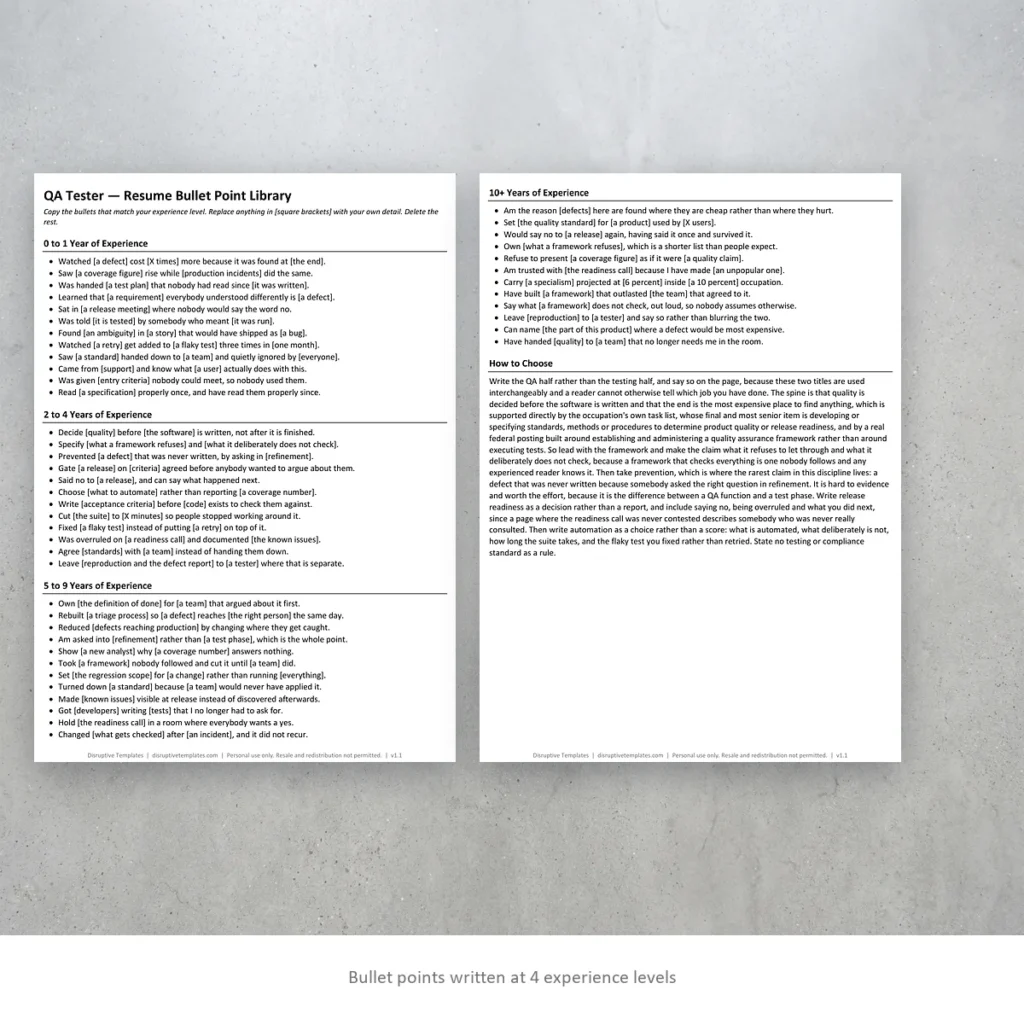QA Tester resume bullet points written at four experience levels