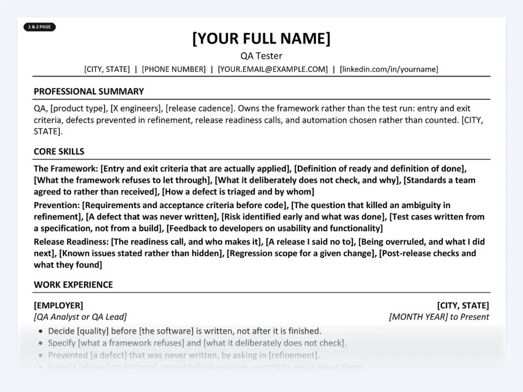 QA Tester resume template, one page, ATS-friendly layout
