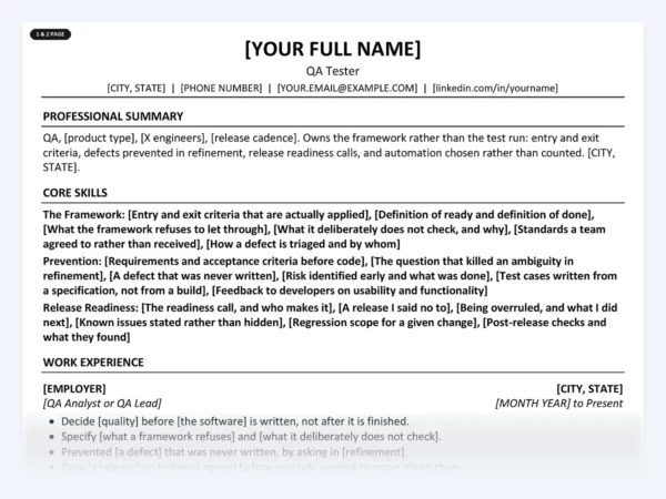 QA Tester resume template, one page, ATS-friendly layout