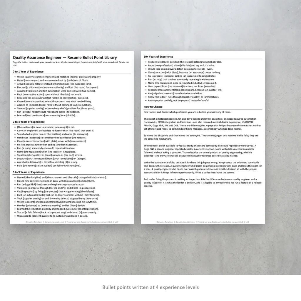Quality Assurance Engineer resume bullet points written at four experience levels