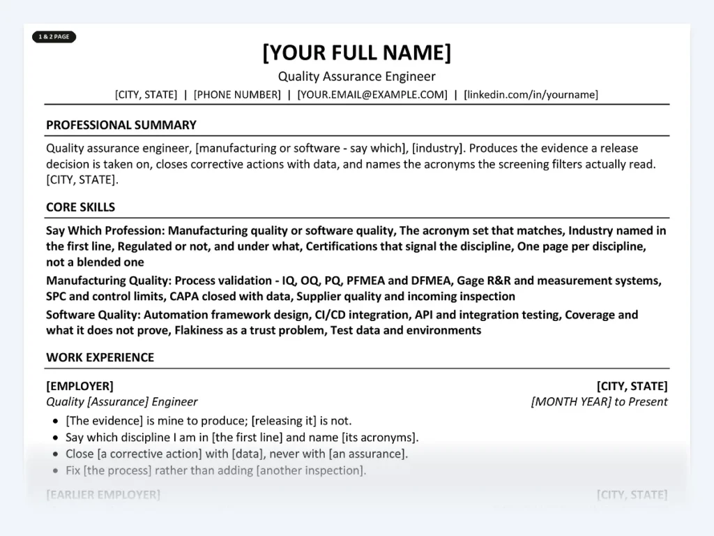 Quality Assurance Engineer resume template, one page, ATS-friendly layout