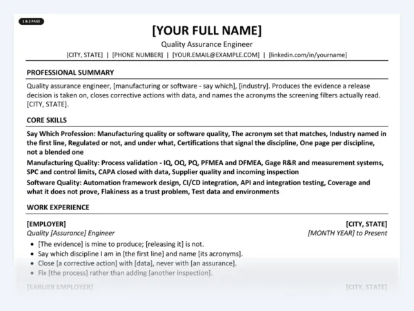 Quality Assurance Engineer resume template, one page, ATS-friendly layout