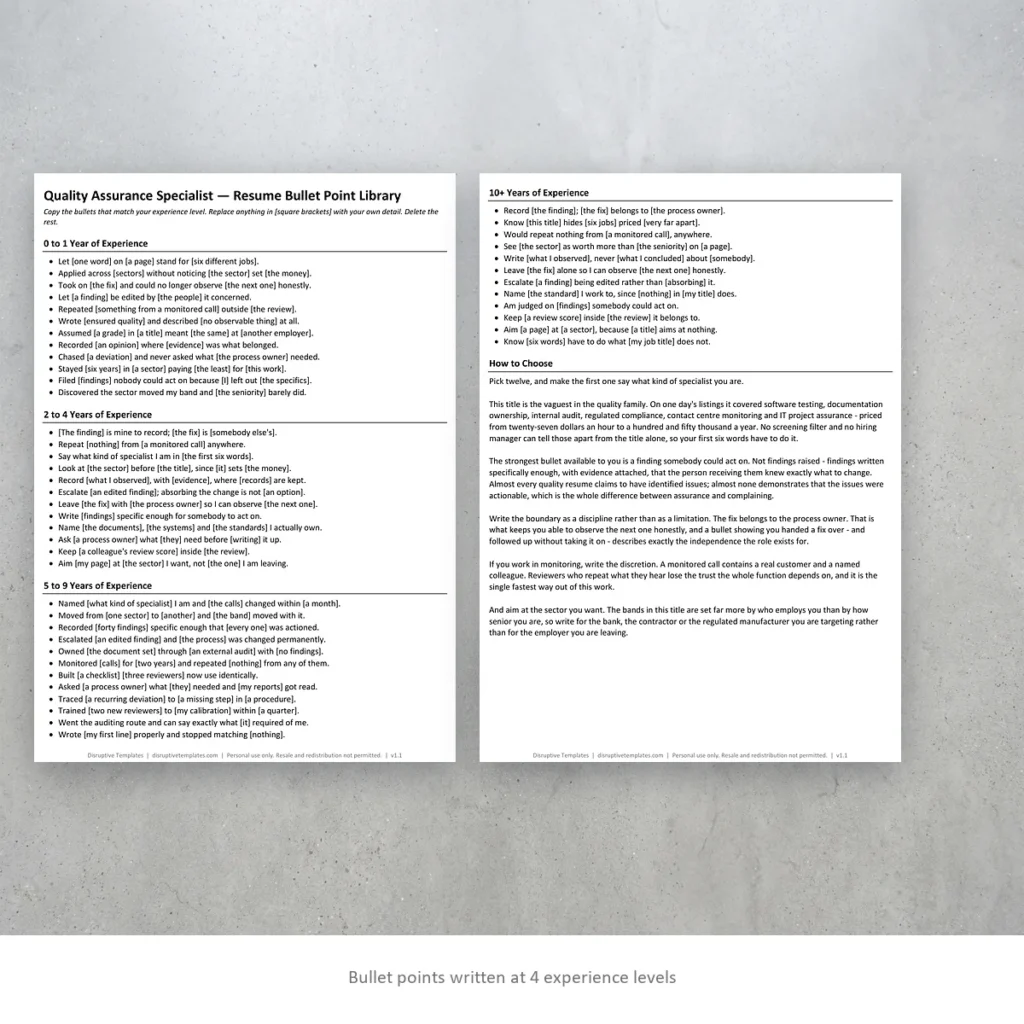 Quality Assurance Specialist resume bullet points written at four experience levels