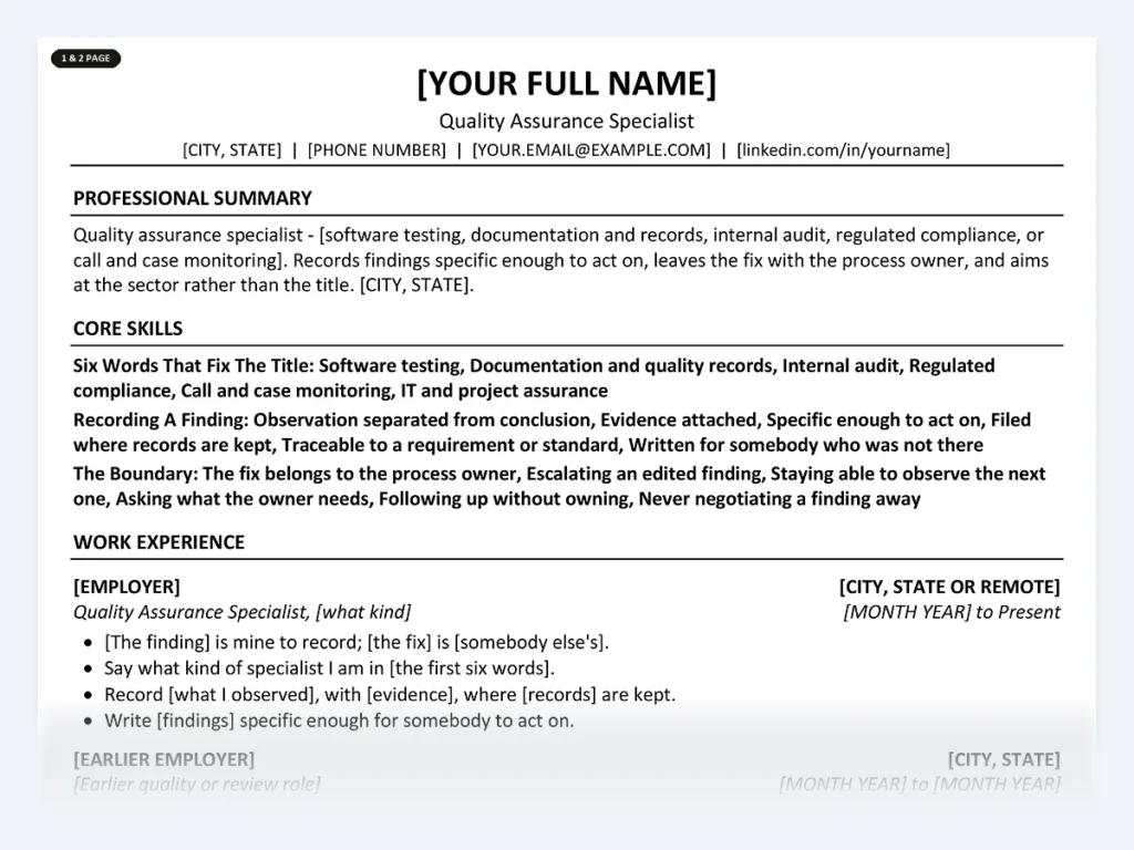 Quality Assurance Specialist resume template, one page, ATS-friendly layout