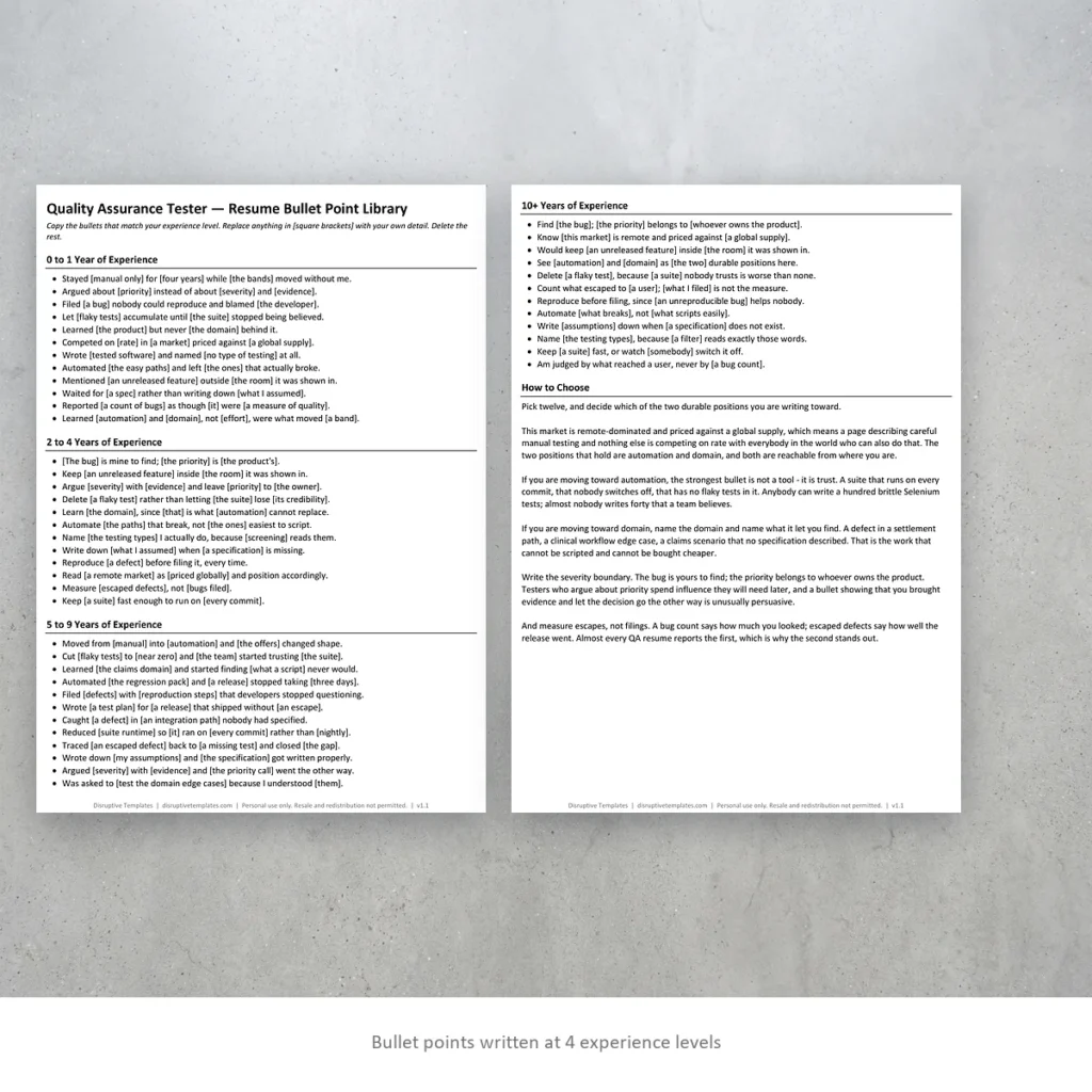 Quality Assurance Tester resume bullet points written at four experience levels