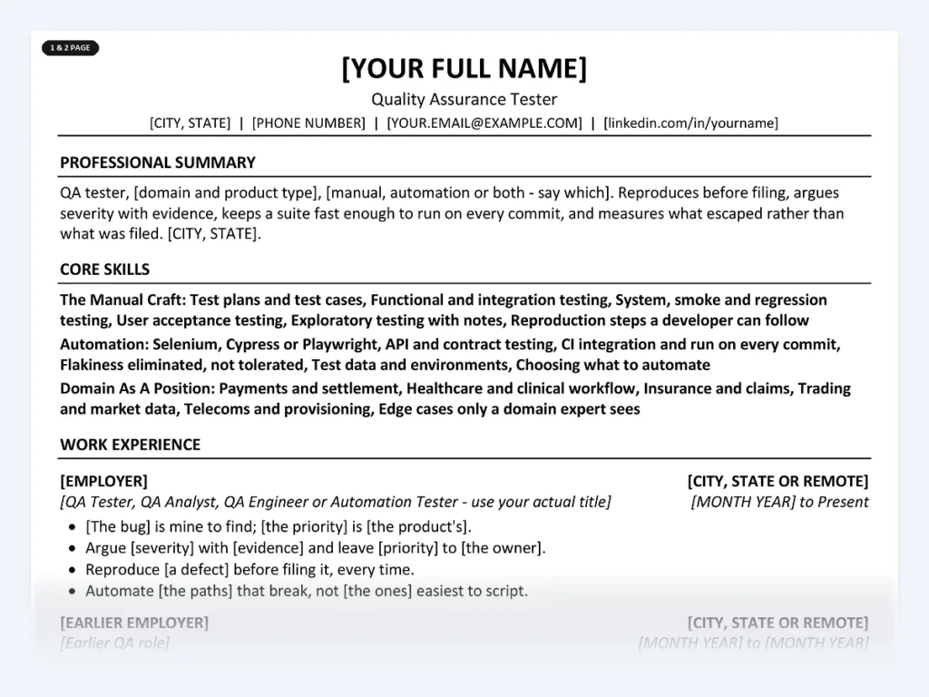 Quality Assurance Tester resume template, one page, ATS-friendly layout