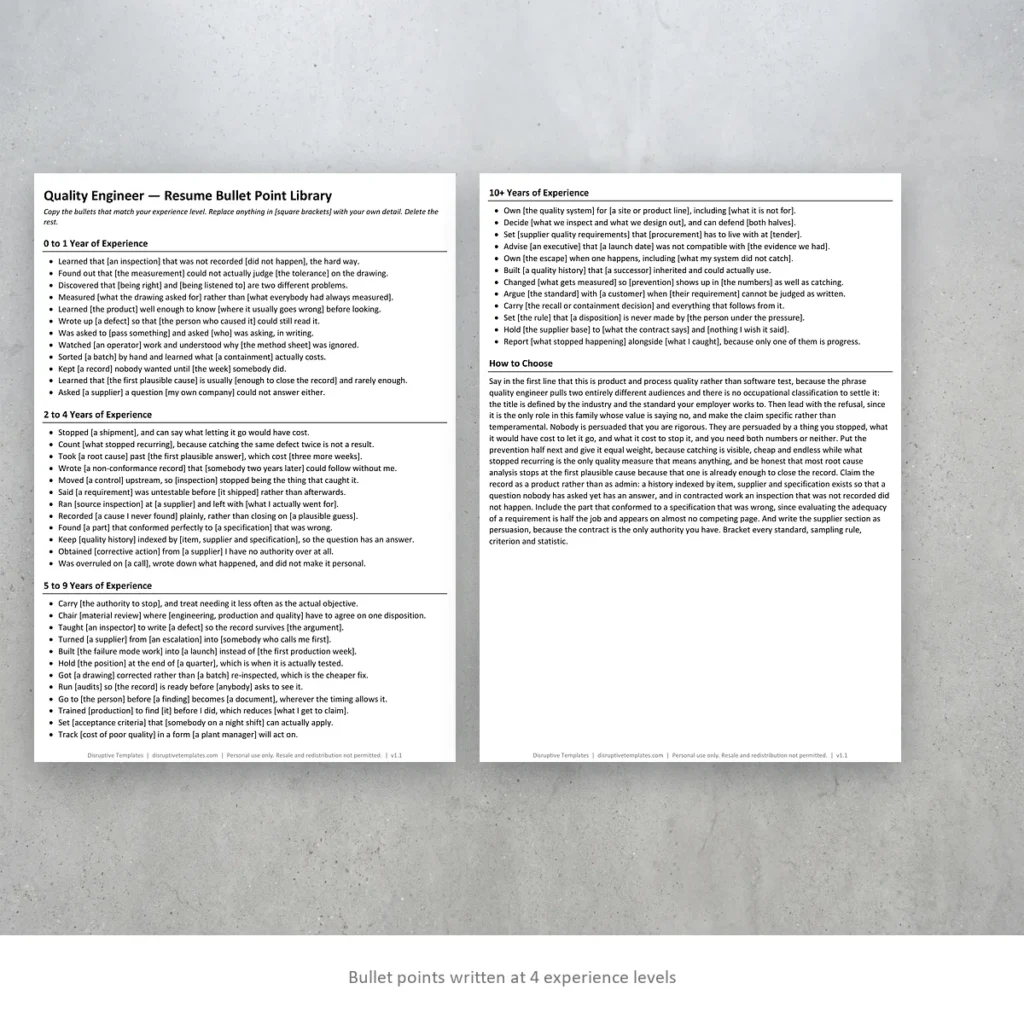 Quality Engineer resume bullet points written at four experience levels