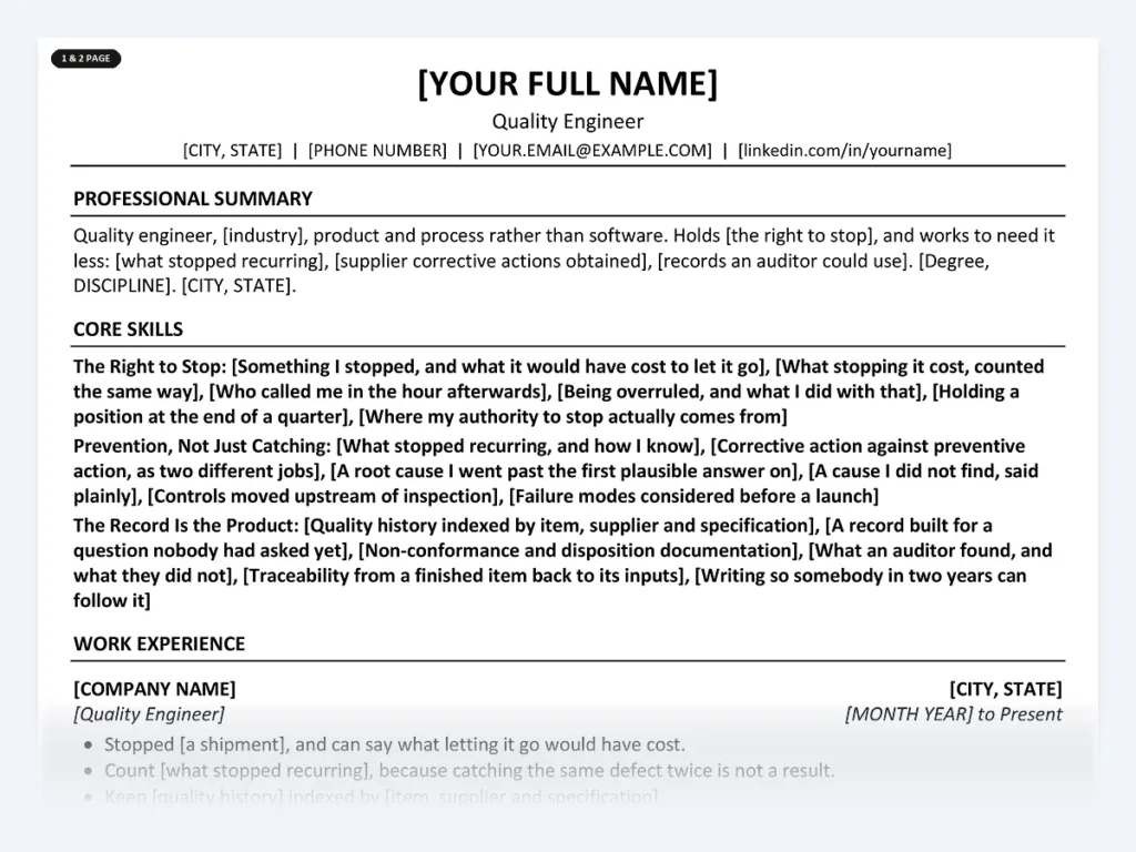 Quality Engineer resume template, one page, ATS-friendly layout