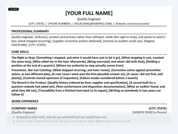 Quality Engineer resume template, one page, ATS-friendly layout