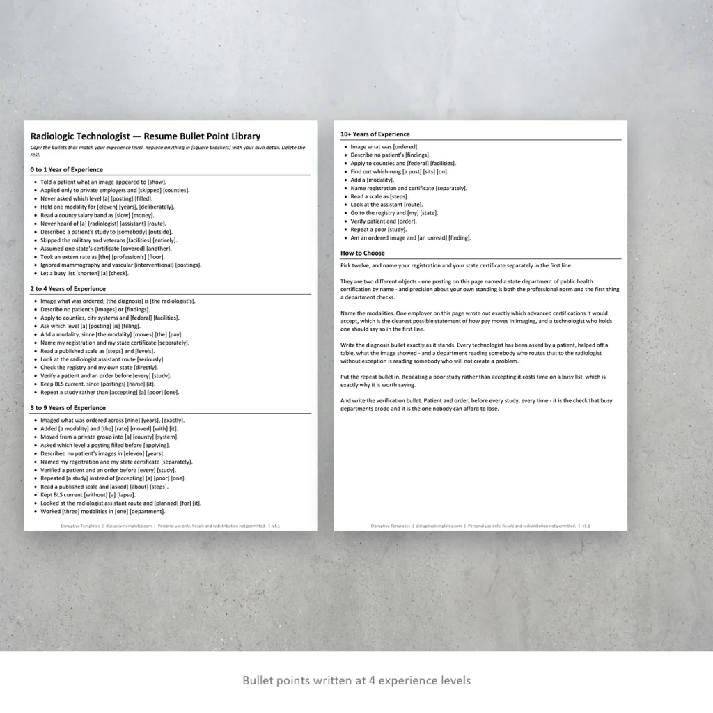 Radiologic Technologist resume bullet points written at four experience levels