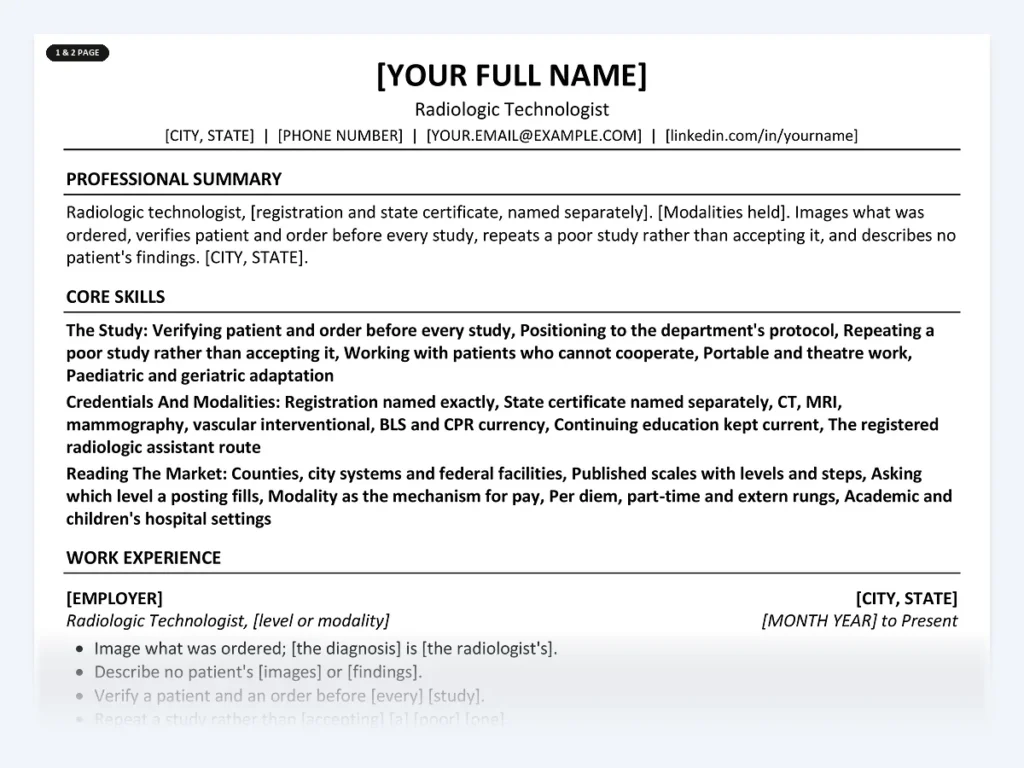 Radiologic Technologist resume template, one page, ATS-friendly layout