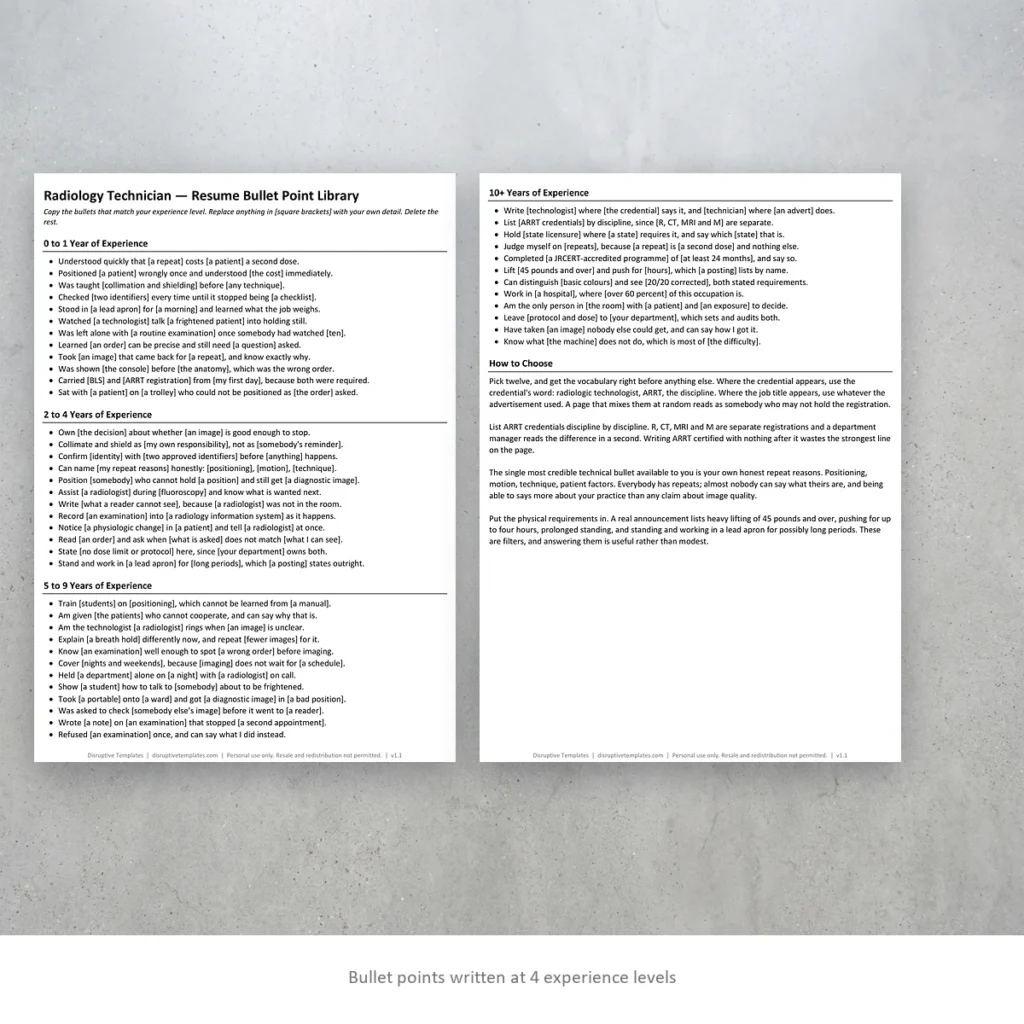 Radiology Technician resume bullet points written at four experience levels