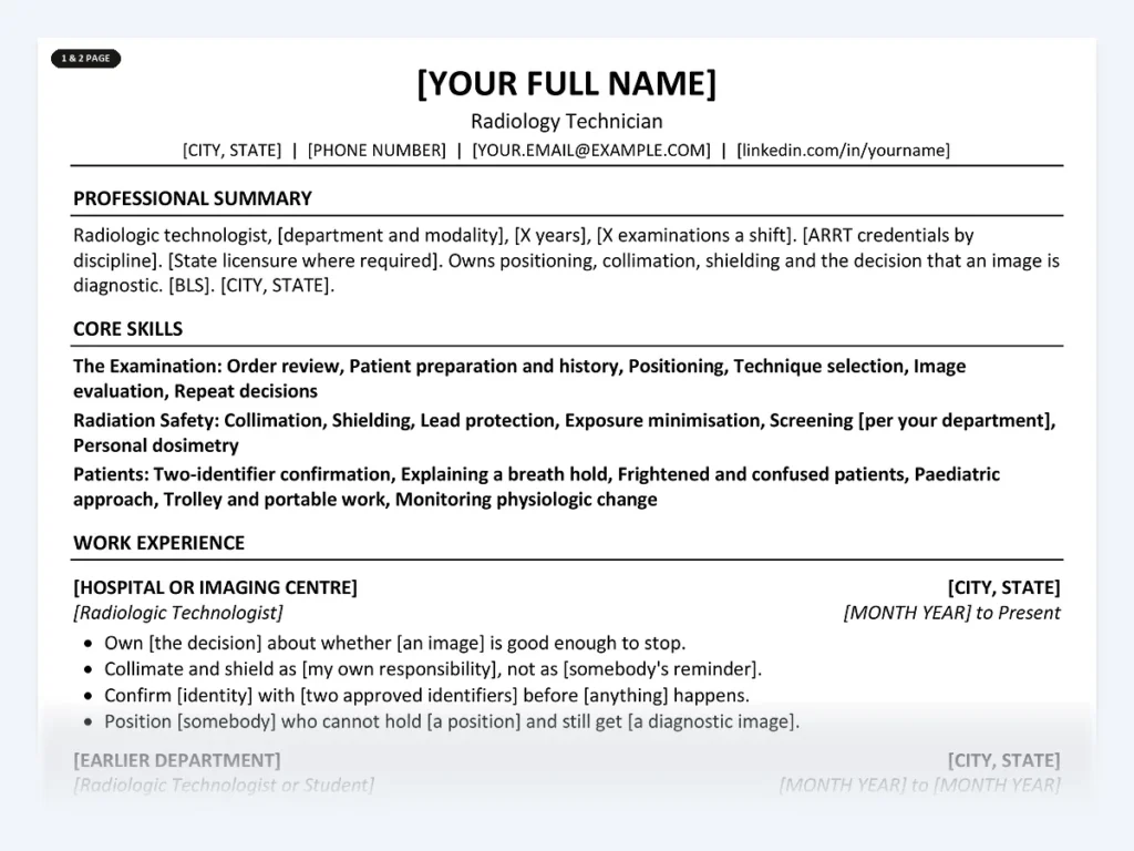 Radiology Technician resume template, one page, ATS-friendly layout