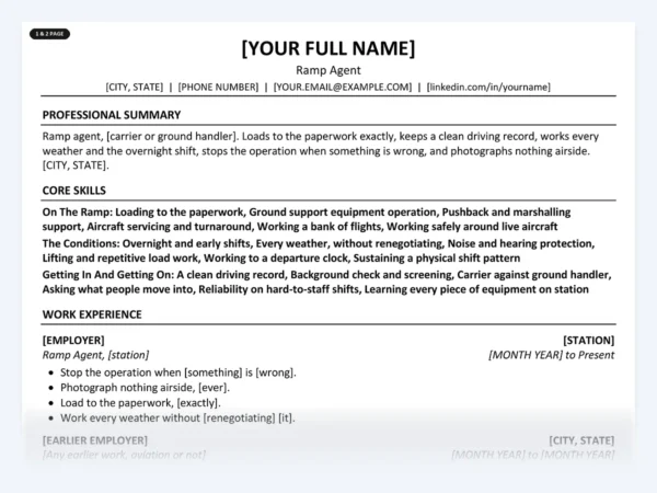 Ramp Agent resume template, one page, ATS-friendly layout