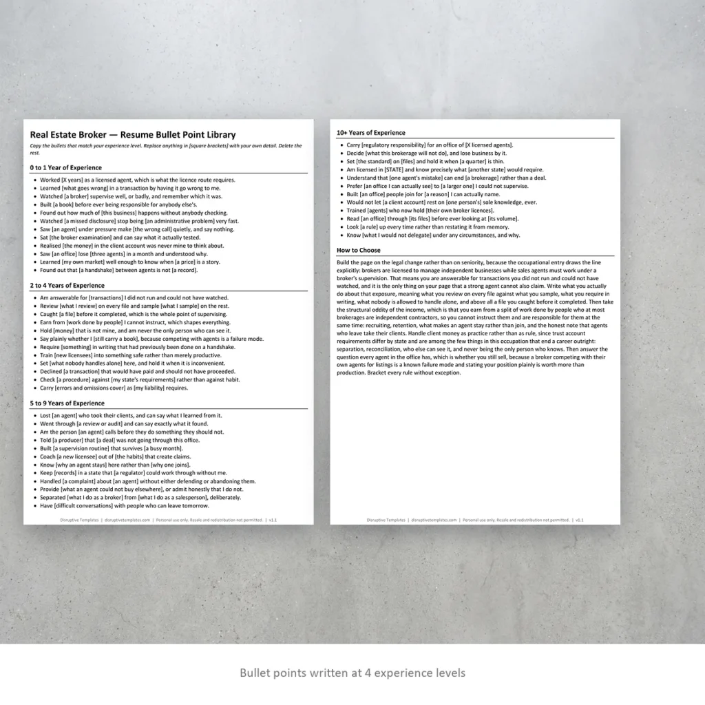 Real Estate Broker resume bullet points written at four experience levels