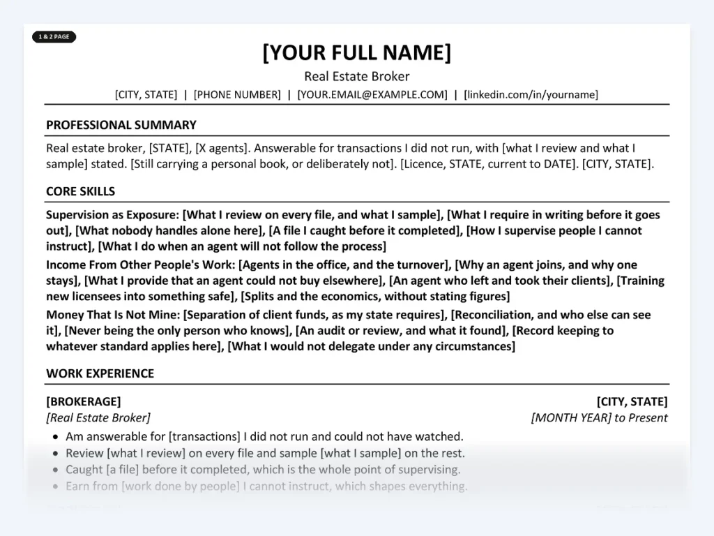 Real Estate Broker resume template, one page, ATS-friendly layout
