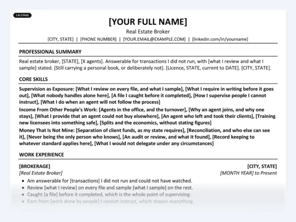 Real Estate Broker resume template, one page, ATS-friendly layout