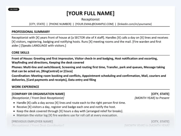 Receptionist resume template, one page, ATS-friendly layout