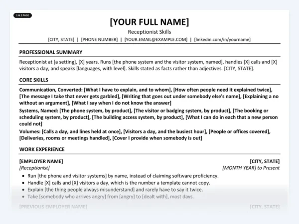 Receptionist Skills resume template, one page, ATS-friendly layout