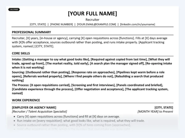 Recruiter resume template, one page, ATS-friendly layout