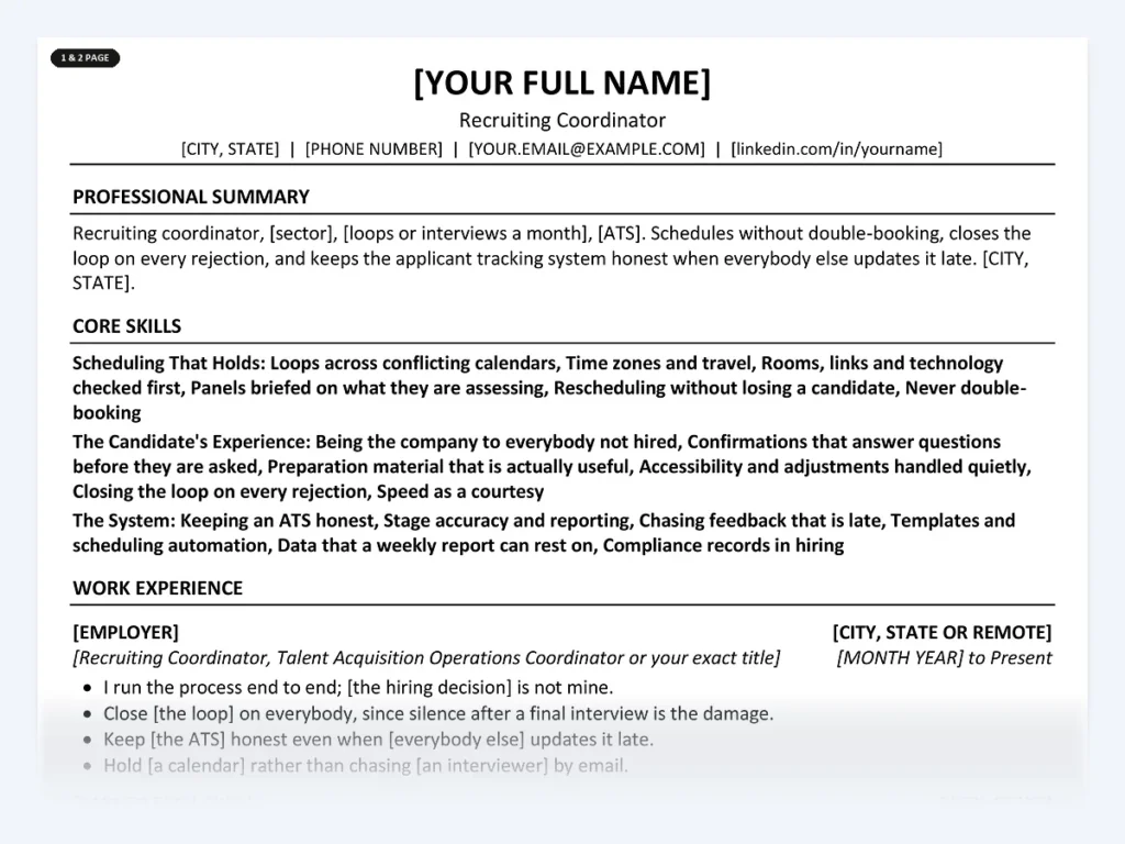 Recruiting Coordinator resume template, one page, ATS-friendly layout