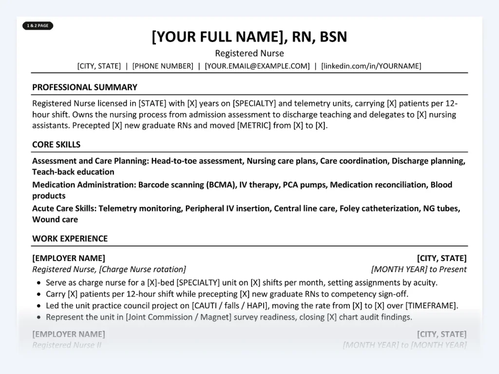 Registered Nurse resume template, one page, ATS-friendly layout