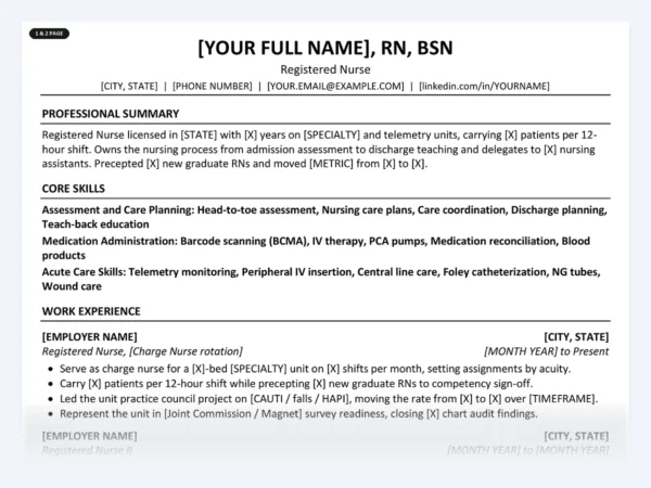 Registered Nurse resume template, one page, ATS-friendly layout