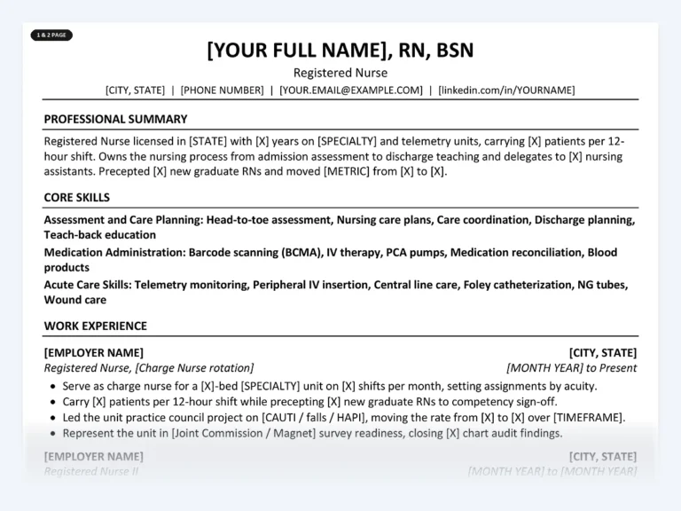One-page registered nurse resume template from the Disruptive Templates registered nurse kit