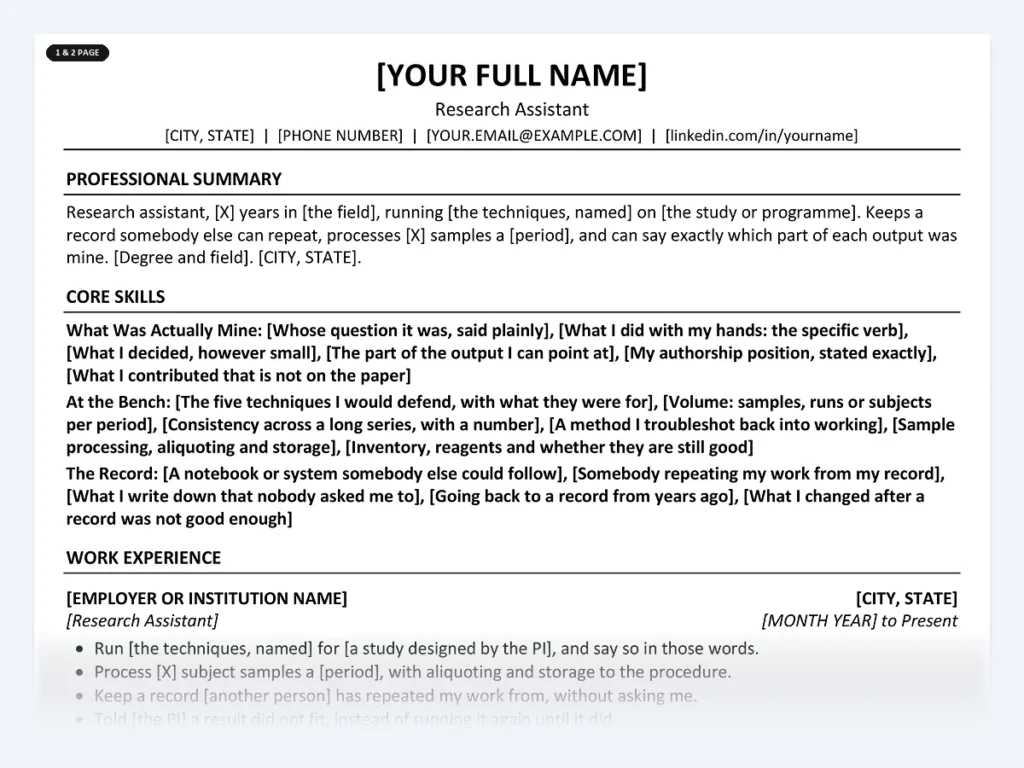 Research Assistant resume template, one page, ATS-friendly layout