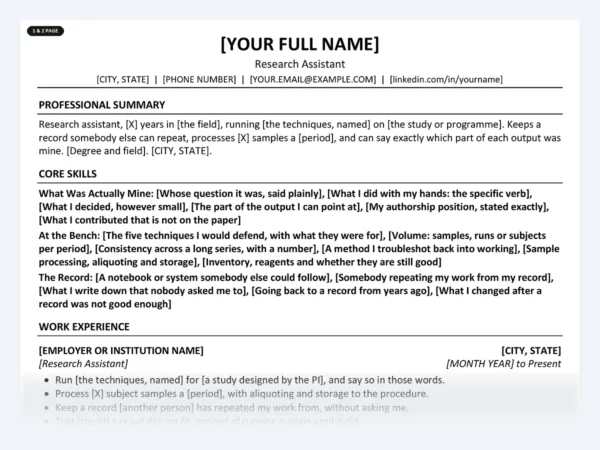 Research Assistant resume template, one page, ATS-friendly layout
