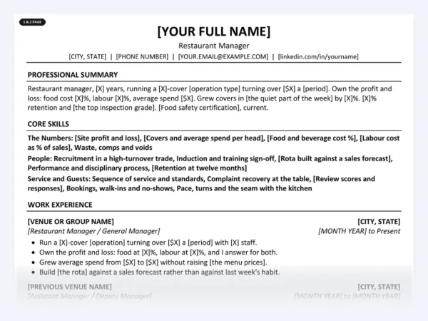 Restaurant Manager resume template, one page, ATS-friendly layout