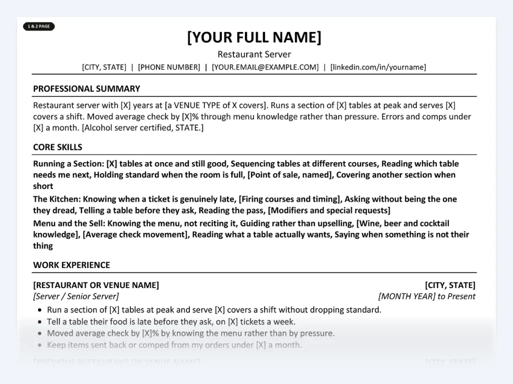 Restaurant Server resume template, one page, ATS-friendly layout
